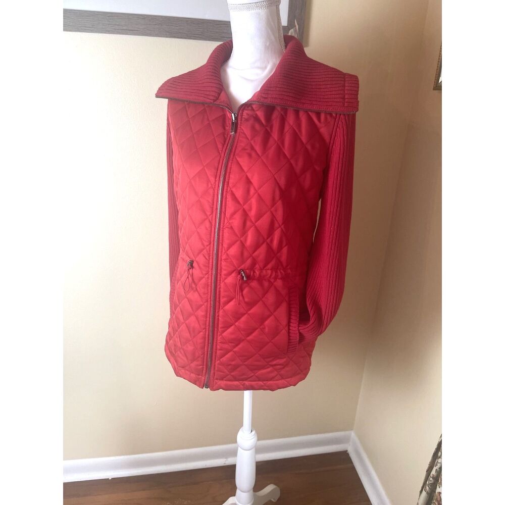 Red Quilted Knit Jacket M Zip Front Lightweight Fall Minimalist Classic NWT - Picture 12 of 15